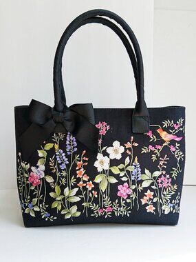 Vintage Y2K Talbots Black Whimsical Garden Canvas Bag with Bow